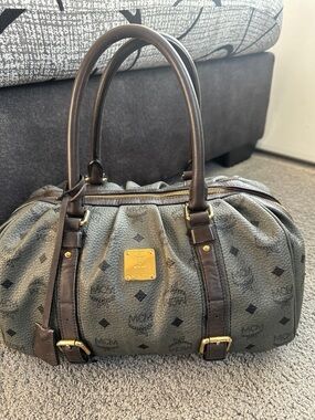 MCM Gray Monogram Visetos Barrel Satchel with Brown Trim